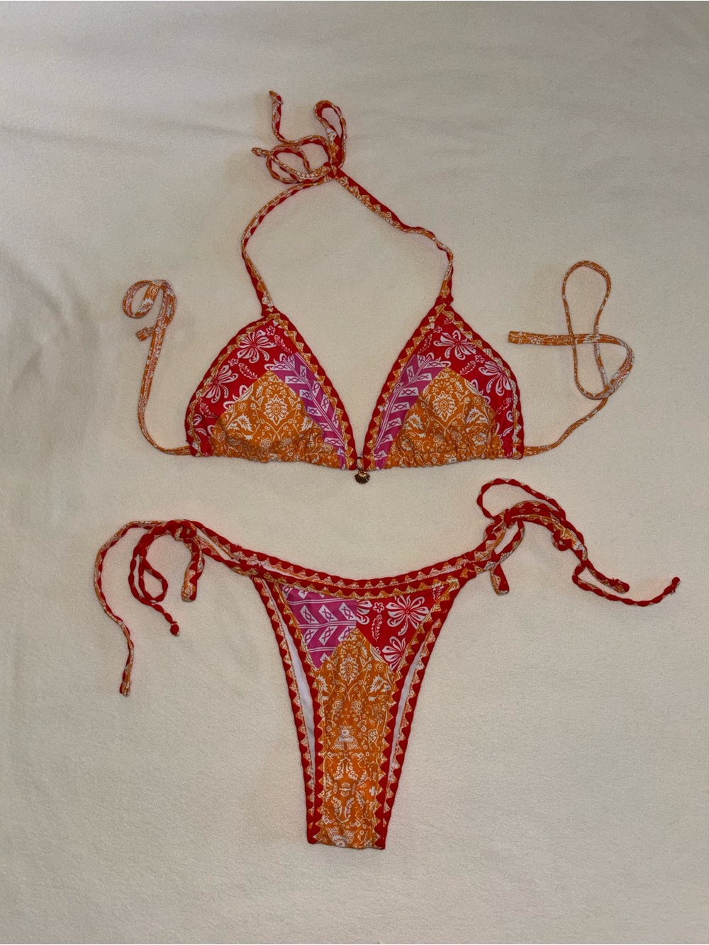Boho Triangle Bikini Set Size Small Red Orange Pink Tie Side Swim